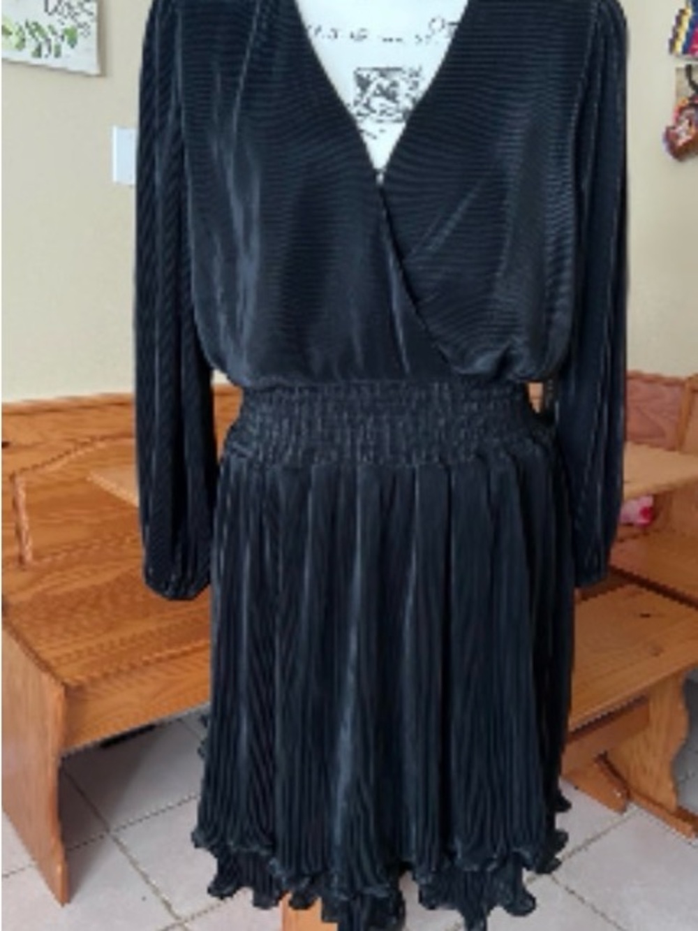 BCBG Black Long-Sleeve Pleated Smocked-Waist Dress